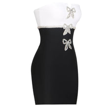 Load image into Gallery viewer, Black &amp; White Rhinestone Bow Mini Dress PREORDER
