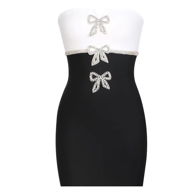 Black & White Rhinestone Bow Mini Dress PREORDER